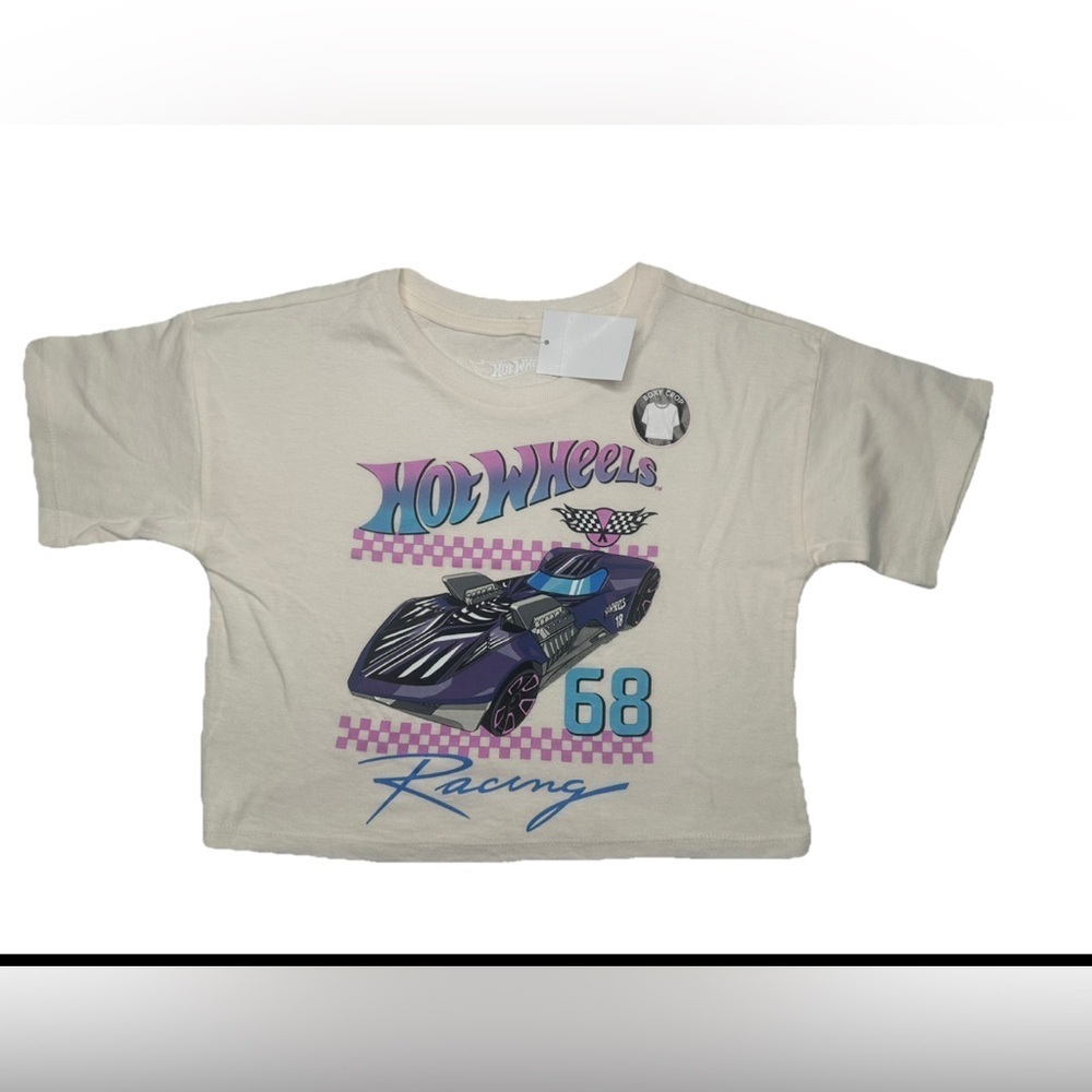 Hot Wheels Racing Boxy Crop Top T-Shirt Ivory Kids Girls Sizes